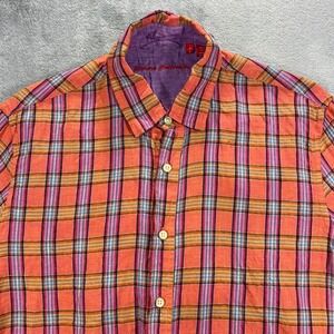 Report Collection Shirt Mens Medium Orange Plaid 100% Linen Short Sleeve Good‎
